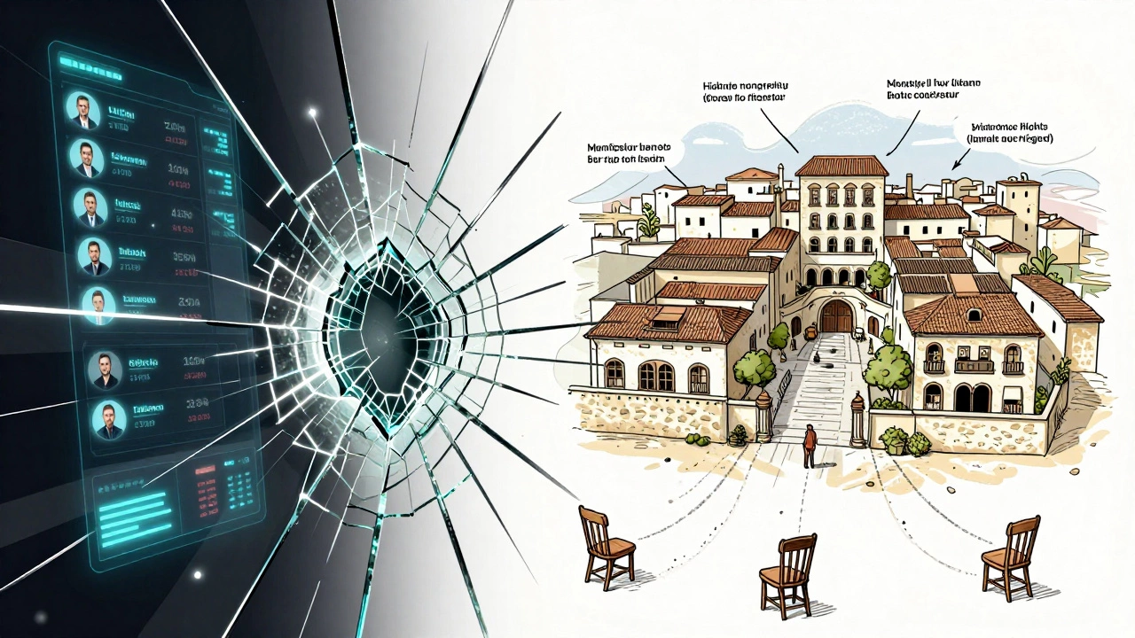 A fractured mirror showing digital escort ads versus Montpellier’s community gatherings.