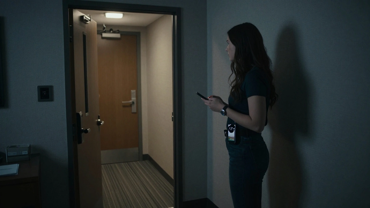 A submissive standing near a hotel room exit, phone ready, alert and prepared to leave.