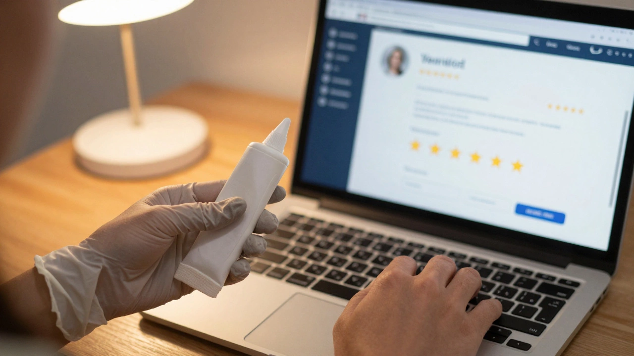 Hands holding clean supplies while viewing a verified professional booking platform on a laptop.