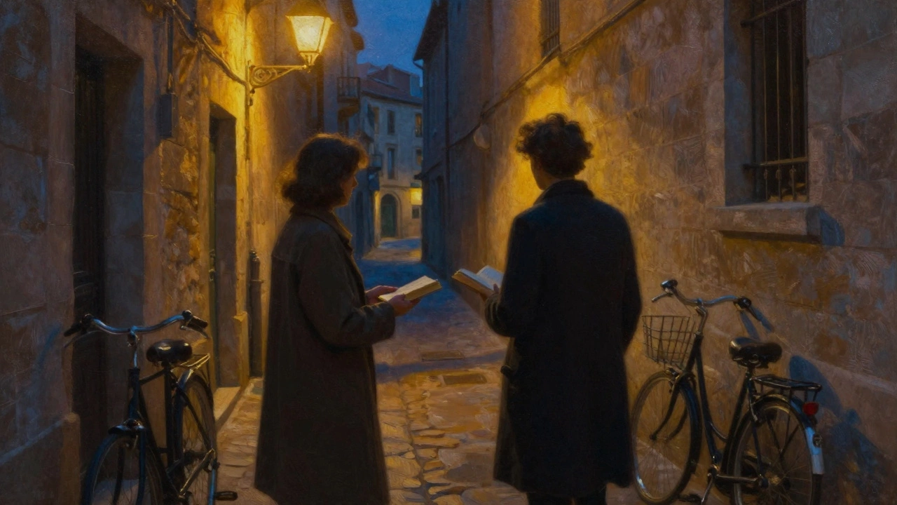 Two figures exchanging a book by a canal at night, no touch, only quiet connection.